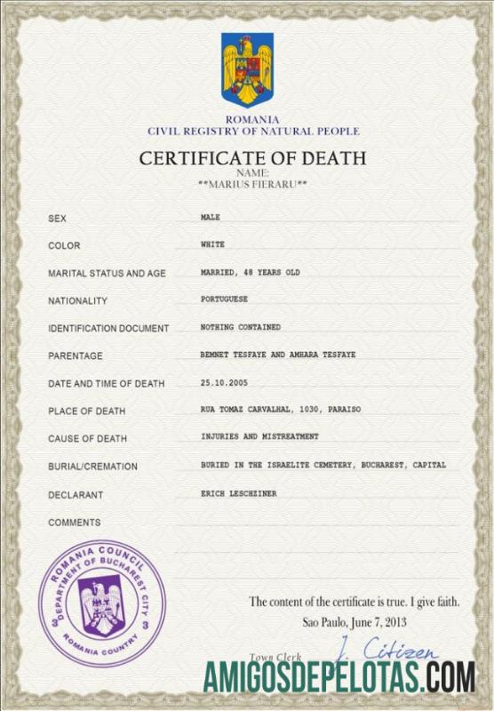 Imprimível modelo PSD de certidão de óbito da Romênia